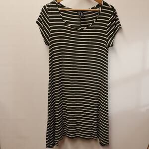 TMG Dress Olive White Stripe Asymmetric Hem Cap Sleeve Round Neck SZ Large